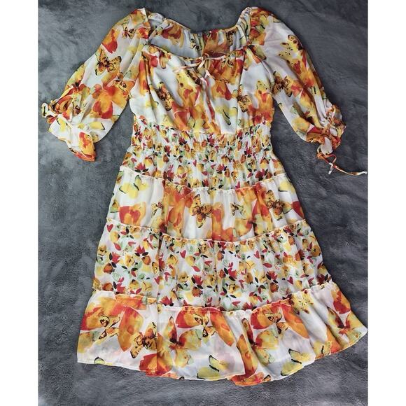 Fig & Flower Anthropologie Floral Chiffon Dress Size 2X 3/4 Sleeve Midi Flirty - Picture 11 of 11